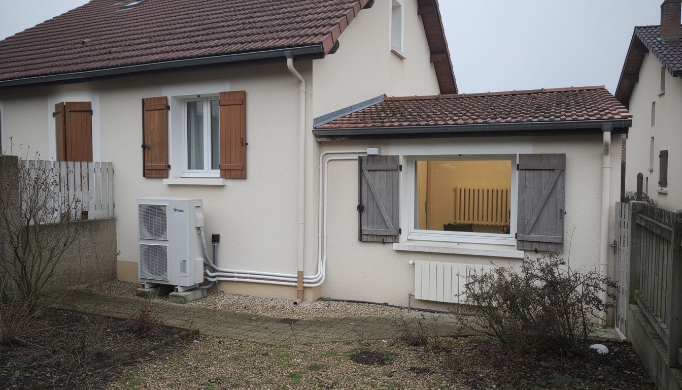 Une maison individuelle française en hiver avec une unité extérieure de pompe à chaleur air-eau installée dans un passage latéral étroit, à proximité de maisons voisines.