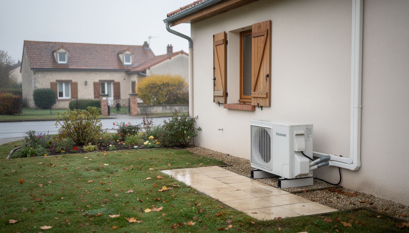 Une pompe à chaleur air-eau est installée contre le mur extérieur d’une maison individuelle française, dans un petit jardin résidentiel par temps frais.