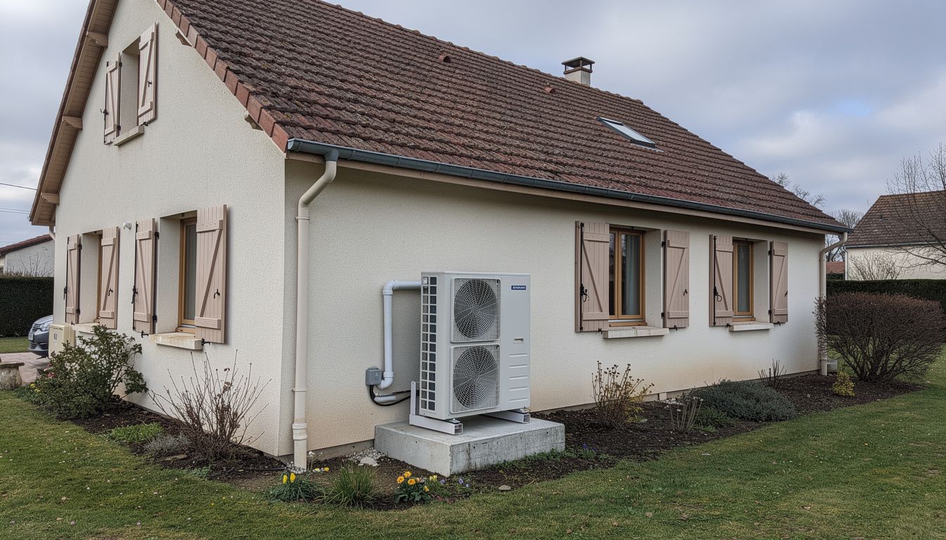 Une pompe à chaleur air/eau installée à l’extérieur d’une maison individuelle française, à côté d’un mur avec tuyauteries visibles et petit jardin.