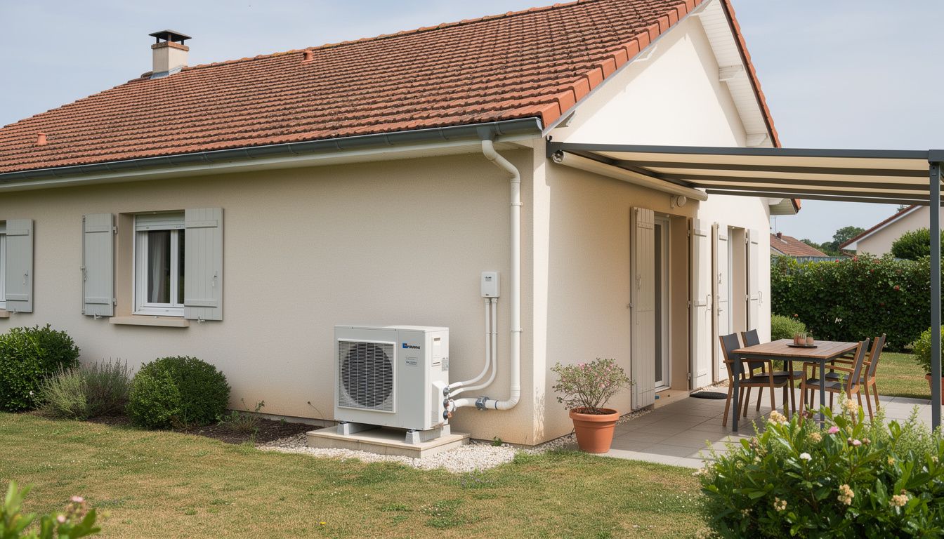Une maison individuelle française en été avec une unité extérieure de pompe à chaleur air/eau installée le long de la façade, près d’une terrasse et d’un petit jardin.