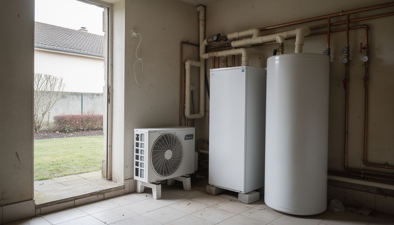 Dans un local technique de maison en France, une pompe à chaleur air/eau avec ballon d’eau chaude sanitaire est installée près de tuyauteries et d’un module intérieur, éclairés par la lumière du jour.