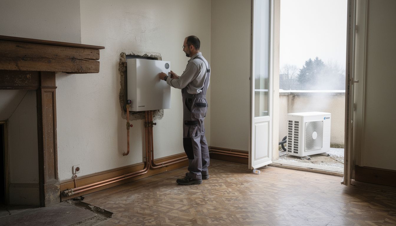 Dans une maison française rénovée, un chauffagiste inspecte des radiateurs muraux reliés à une pompe à chaleur air/eau, avec l’unité extérieure visible en arrière-plan.