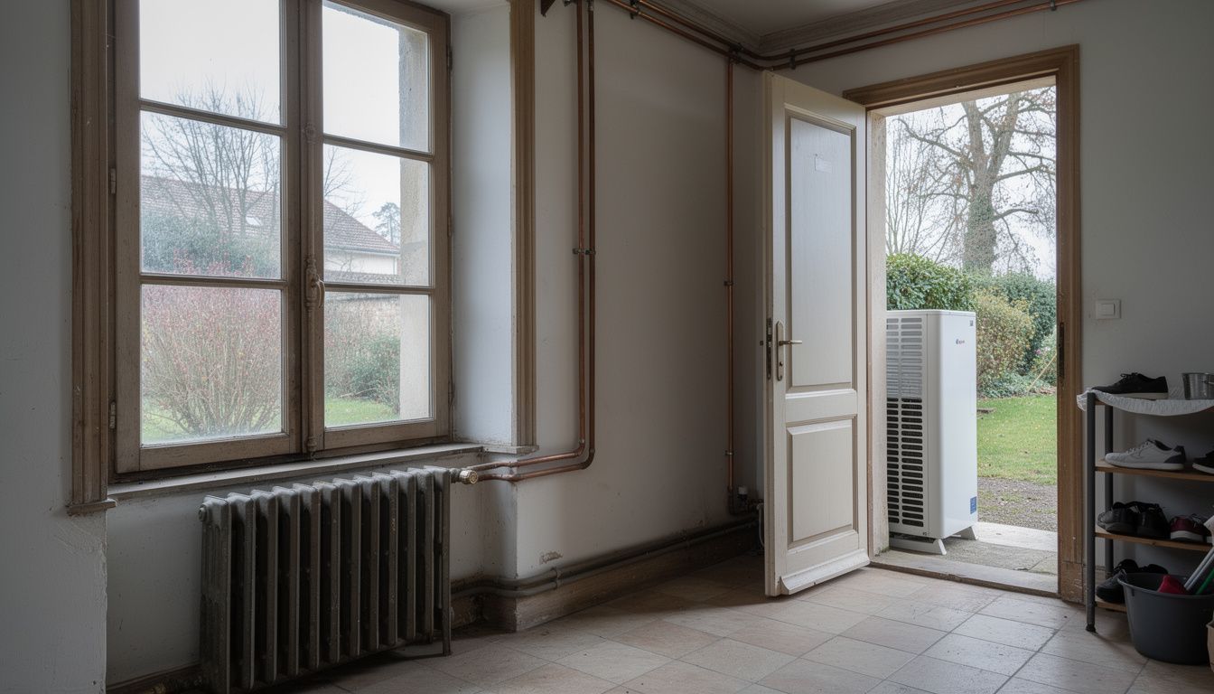Dans une maison individuelle française, un ancien radiateur en fonte relié à un circuit de chauffage central est visible près d’une fenêtre, avec une unité extérieure de pompe à chaleur aperçue vers le jardin.