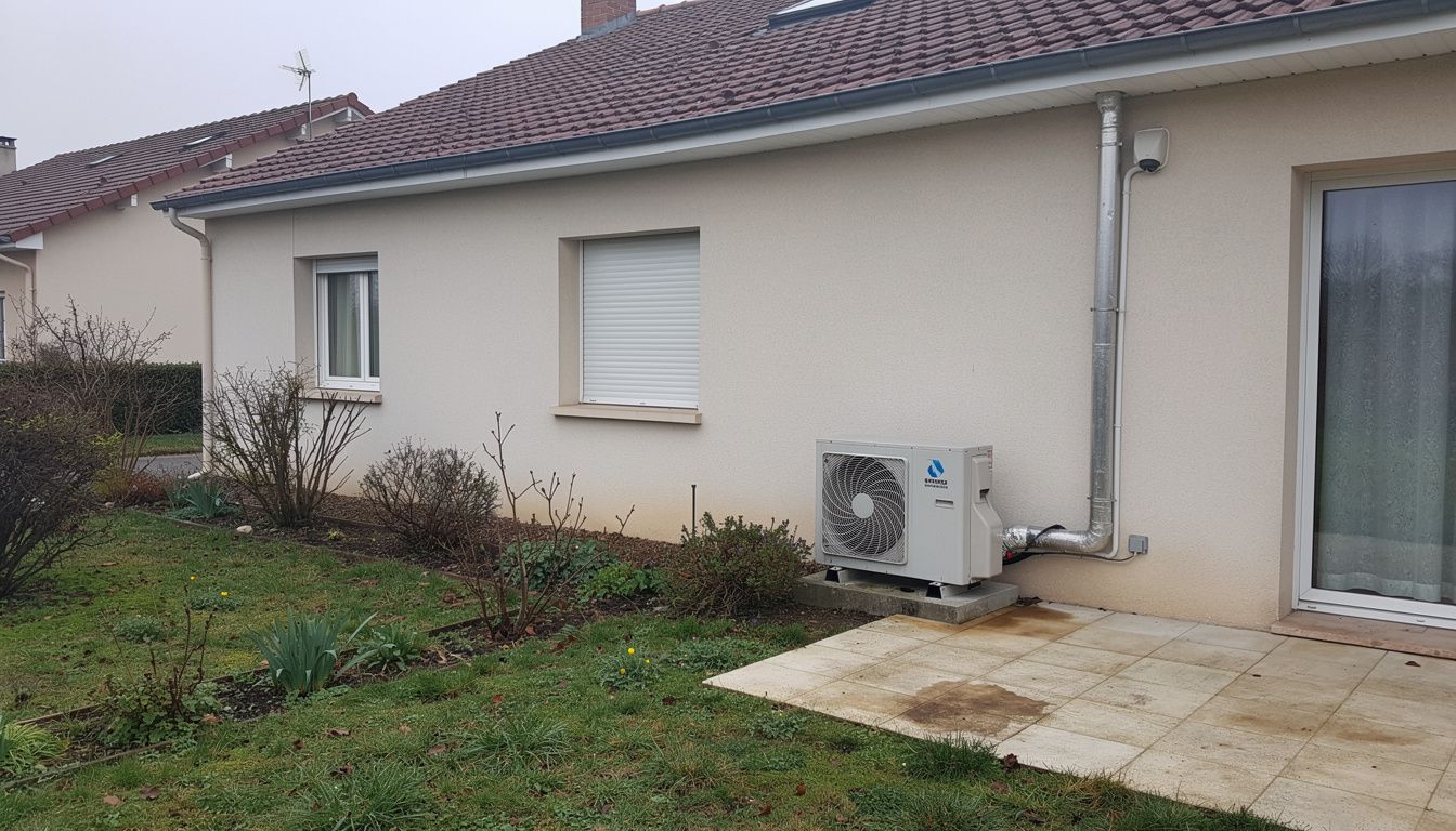 Une maison individuelle française avec une unité extérieure de pompe à chaleur air/eau installée le long de la façade, dans un jardin ou sur une terrasse par temps frais.