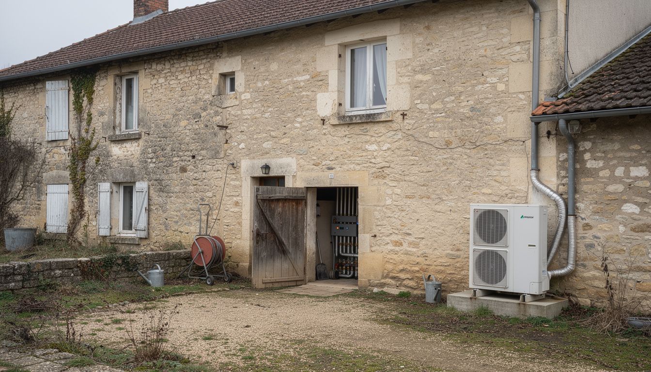 Une ancienne maison individuelle en pierre, partiellement rénovée, avec une unité extérieure de pompe à chaleur installée près de la façade dans un cadre résidentiel français.