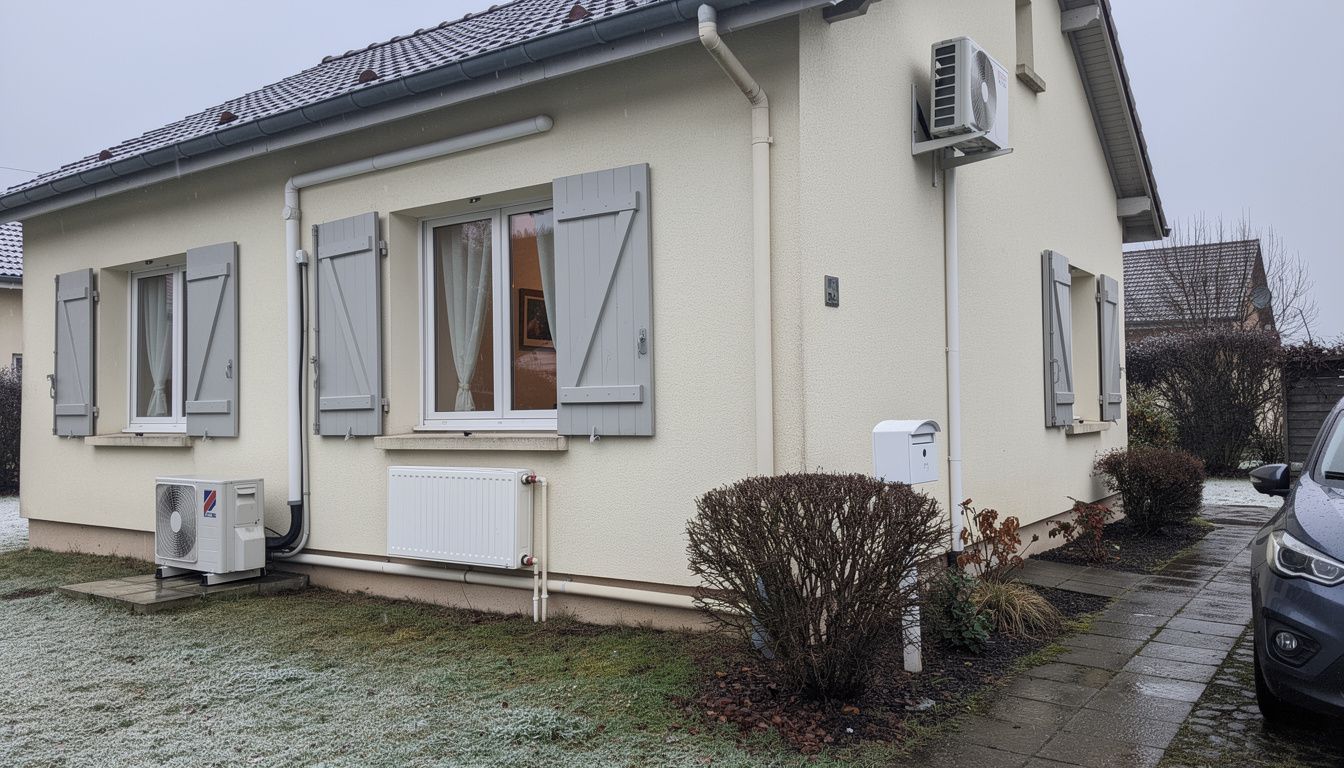 Maison individuelle française en hiver avec une unité extérieure de pompe à chaleur près du mur et des radiateurs visibles à l’intérieur derrière une fenêtre.