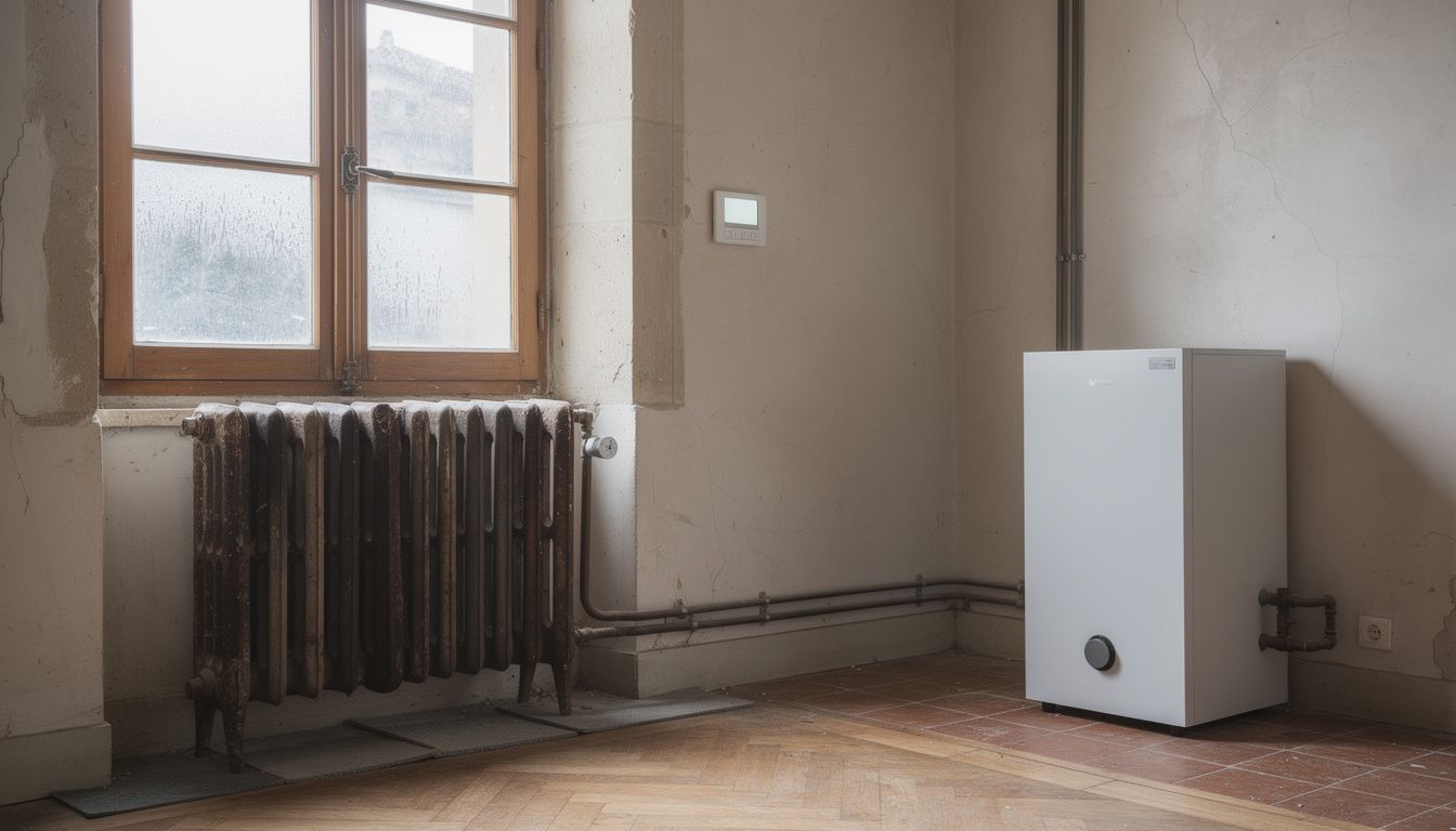 Dans une maison ancienne française, un radiateur en fonte relié à un circuit de chauffage moderne est visible près d’une fenêtre, avec tuyauteries apparentes et lumière naturelle d’hiver.