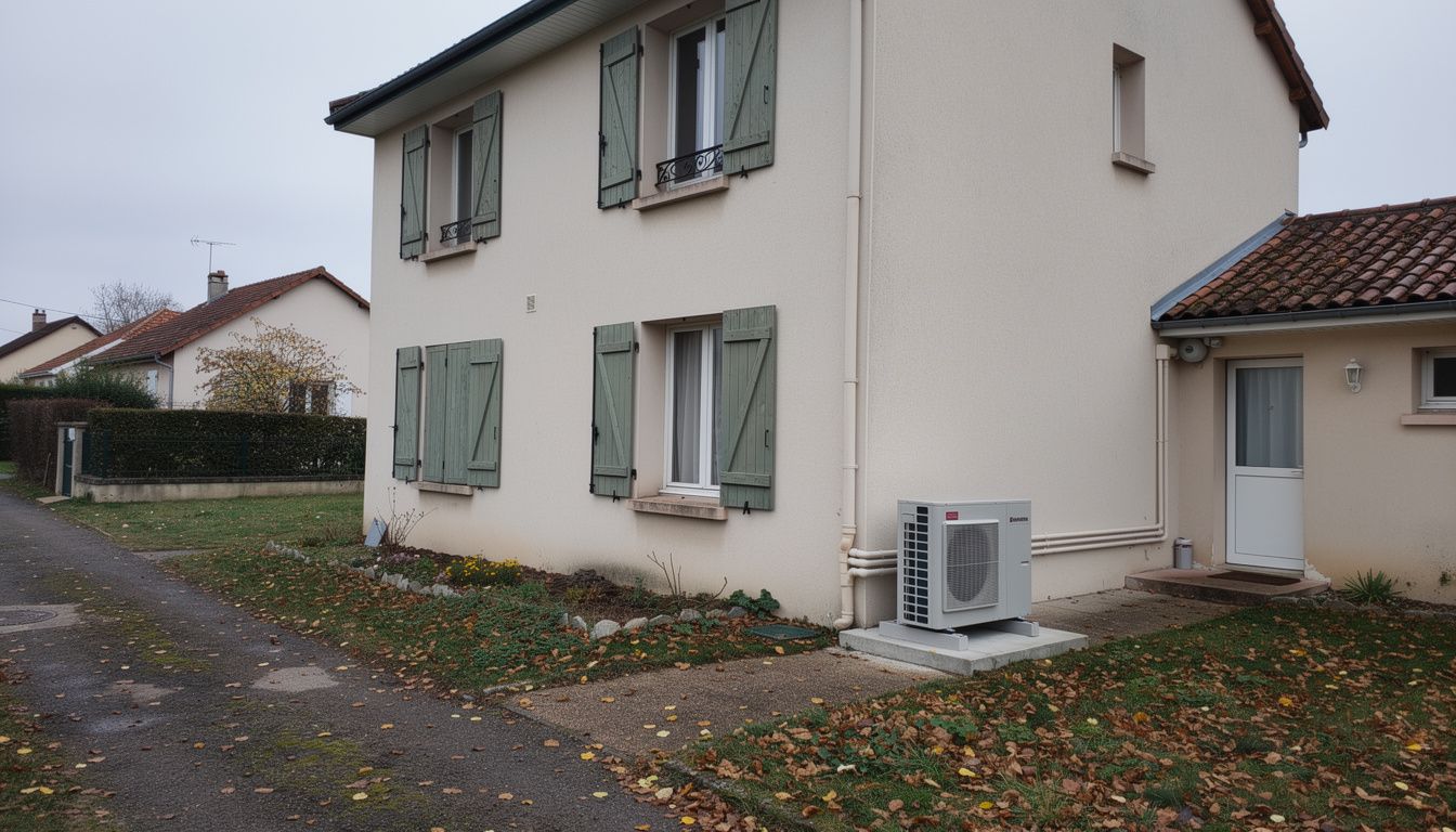Une maison individuelle française en automne avec une unité extérieure de pompe à chaleur air/eau installée le long de la façade, dans un environnement résidentiel réaliste.